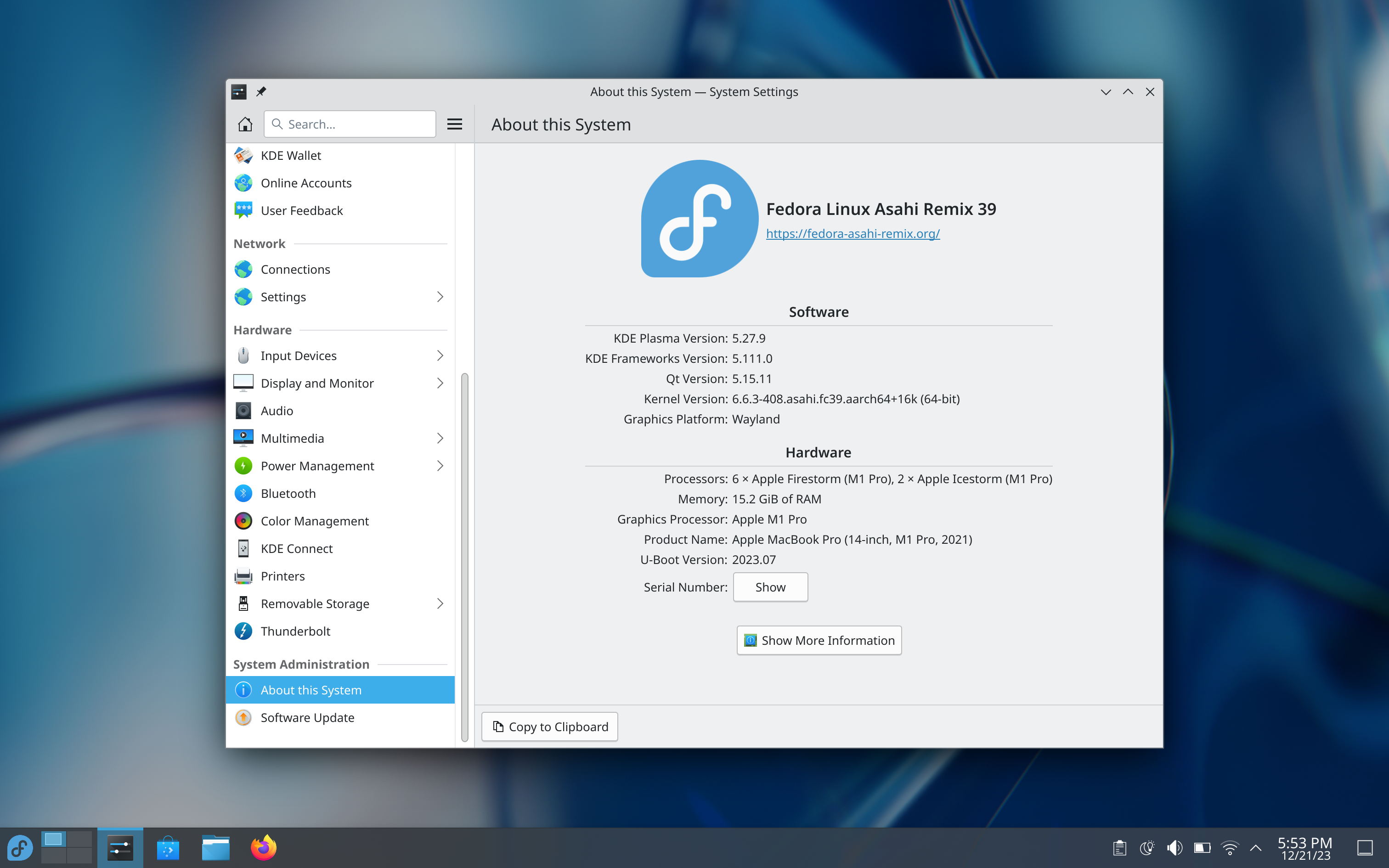 Fedora 39 Asahi Remix KDE System Information