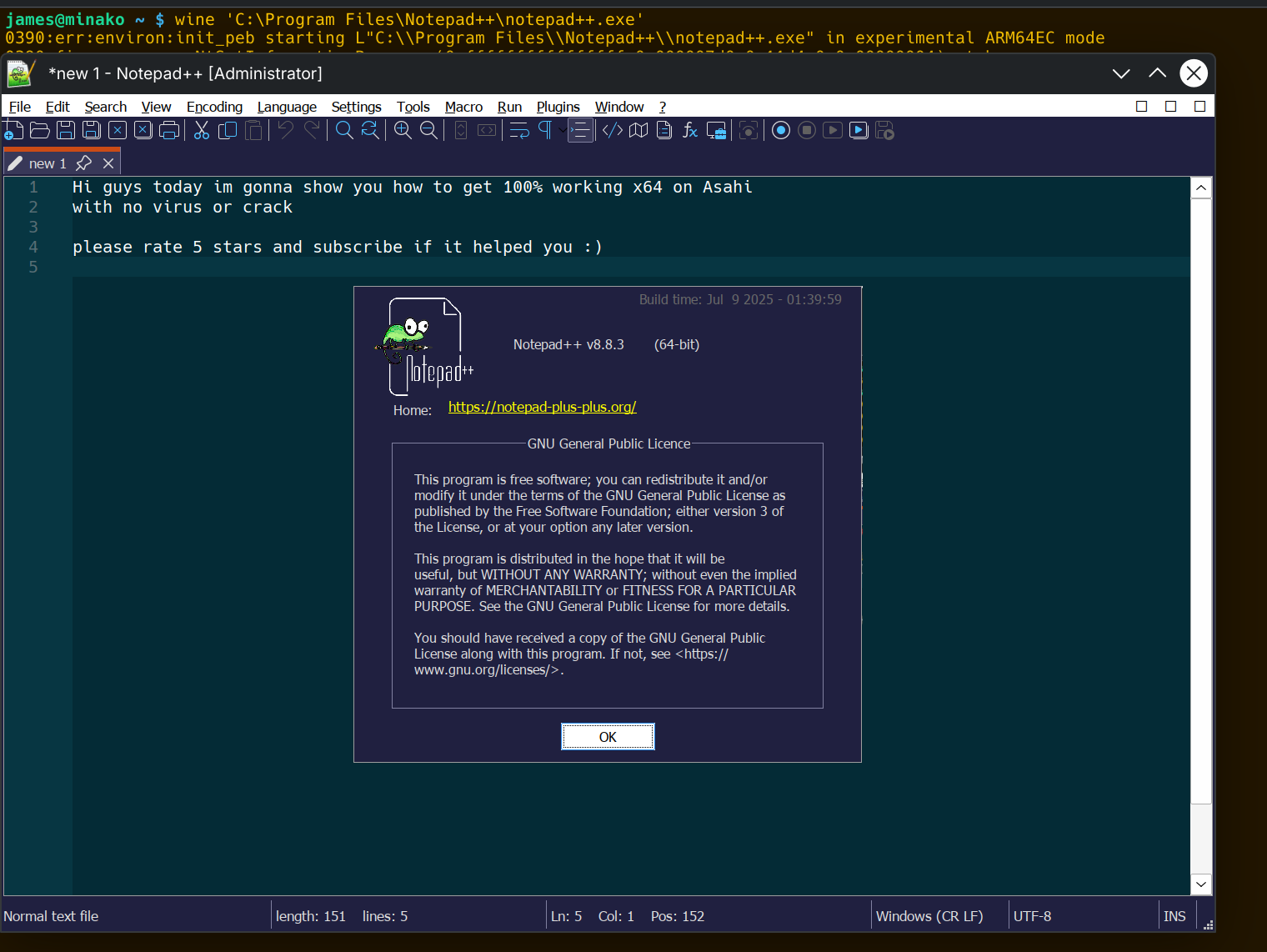 AMD64 Notepad++ running in WINE's ARM64EC mode